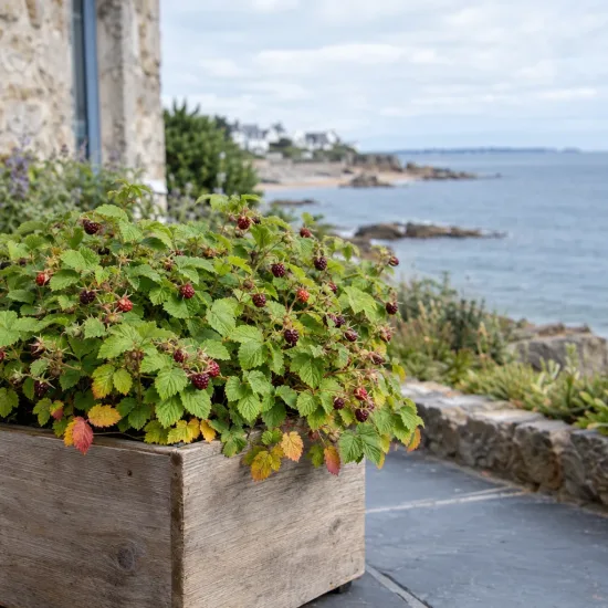 Framboisier nain arctique 'Marika' (Rubus arcticus) — plante buissonnante en bac bois sur terrasse côtière · Photo d'illustration