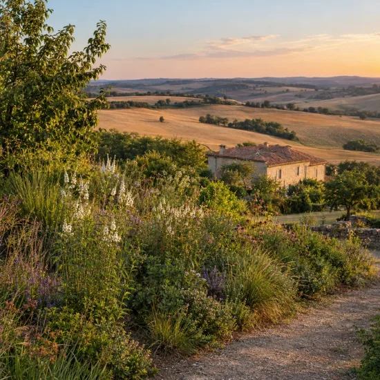 Verveine hastée 'White spires' (Verbena hastata) — massif fleuri en bordure de jardin champêtre · Photo d'illustration