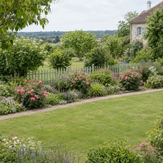 Rosier 'Special anniversaire' (Rosa hybrida) — massif fleuri le long d'une clôture de jardin · Photo d'illustration