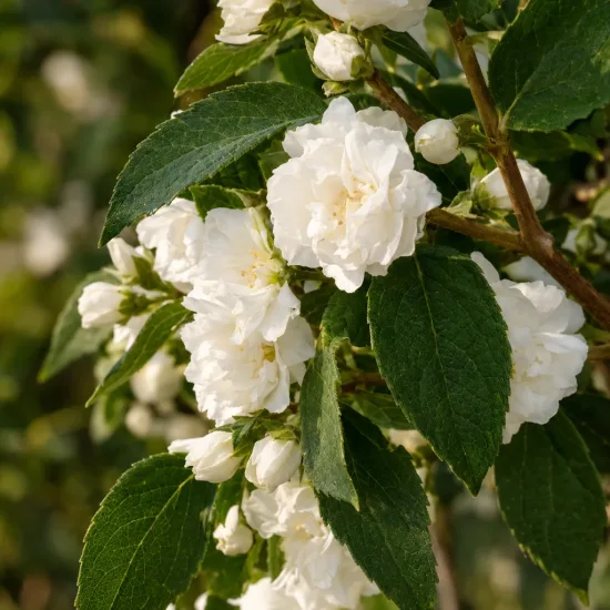 Seringat 'Of perfume' (Philadelphus) — grappes de fleurs blanches doubles et feuillage vert · Photo d'illustration