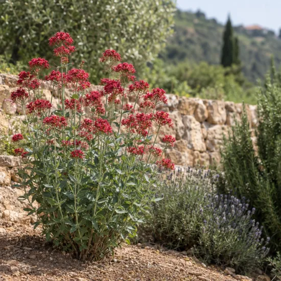 Troène de californie 'Coccineus' (Centranthus ruber) — touffe florale rouge dans massif sec méditerranéen · Photo d'illustration
