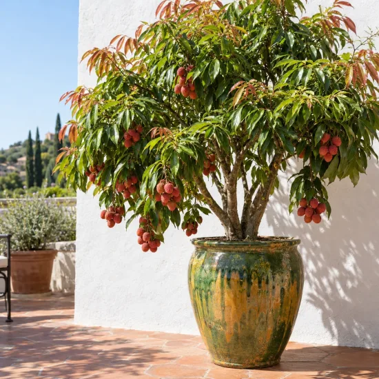 Litchi (Litchi chinensis) — arbre fruitier en pot vernissé sur terrasse · Photo d'illustration