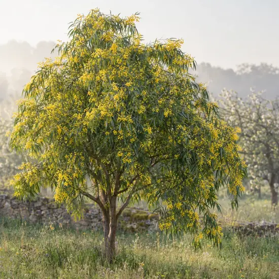 Mimosa (Acacia semperflorens) — arbre isolé couvert de petites fleurs jaunes