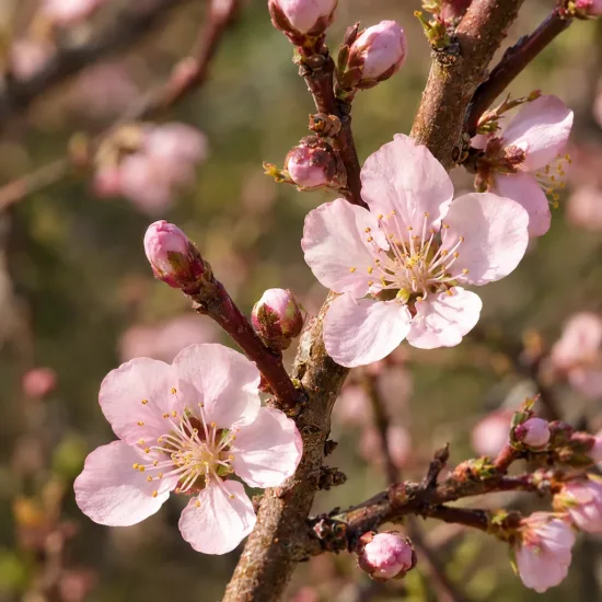 Pêcher 'Sanguine' (Prunus persica) — fleurs rose pâle sur branches noueuses · Photo d'illustration