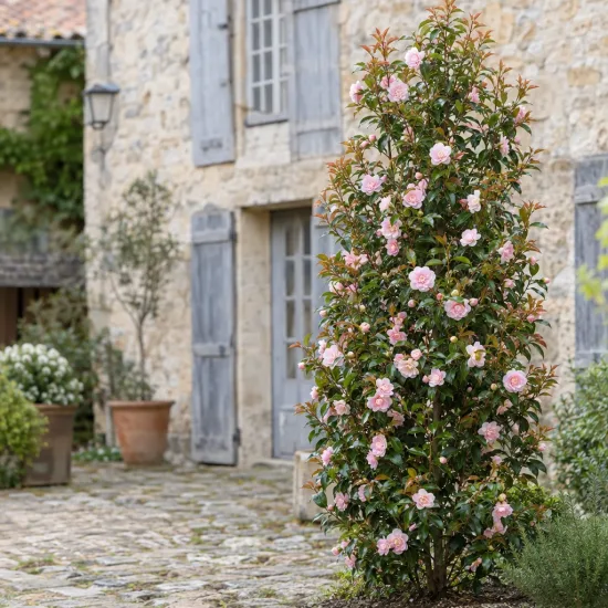Camelia 'Spring festival' (Camelia japonica) — grand arbuste fleuri devant maison en pierre · Photo d'illustration