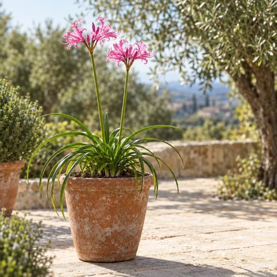 Lis de guernesey (Nerine bowdenii) — plante en pot avec longues feuilles et fleurs roses · Photo d'illustration