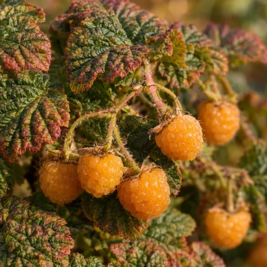 Framboisier rampant de taïwan 'Emerald carpet' (Rubus pentalobus) — fruits jaunes groupés sur feuillage nervuré, gros plan · Photo d'illustration