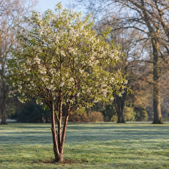 Cerisier du tibet (Prunus yedoensis) — petit arbre fleuri isolé sur pelouse de parc · Photo d'illustration