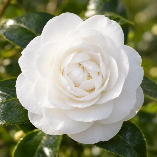 Camélia du japon 'Nuccio s gem blanc' (Camellia japonica) — gros plan de fleur blanche épanouie