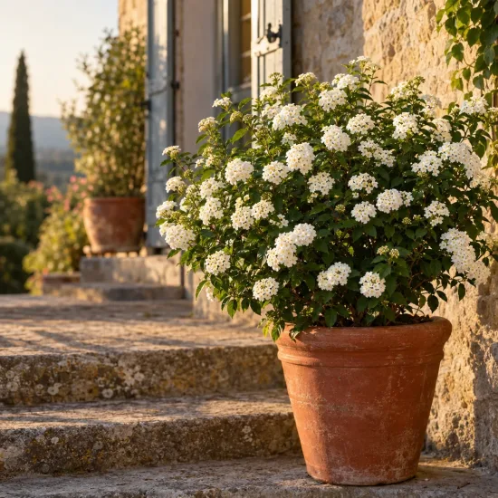 Lantanier (Lantana) — arbuste fleuri blanc en pot sur marches · Photo d'illustration