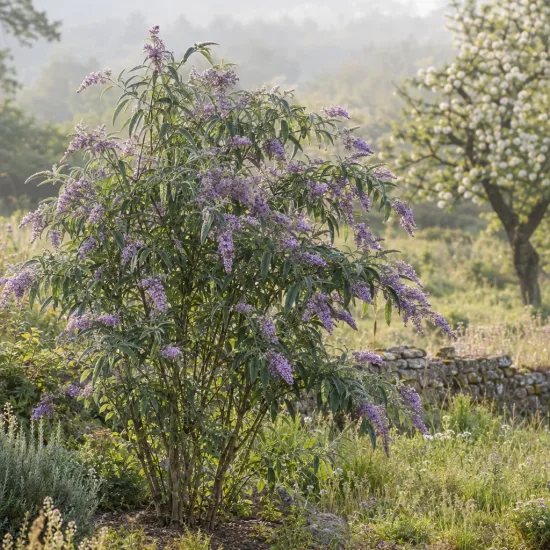 Arbre aux papillons (Buddleia salviifolia) — arbuste fleuri aux longues panicules mauves au jardin · Photo d'illustration