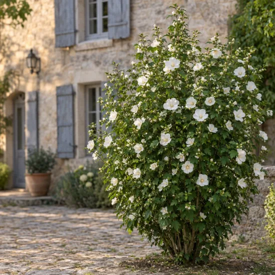 Althéa 'Eleonore blanc' (Hibiscus syriacus) — arbuste fleuri à grandes fleurs claires devant maison · Photo d'illustration