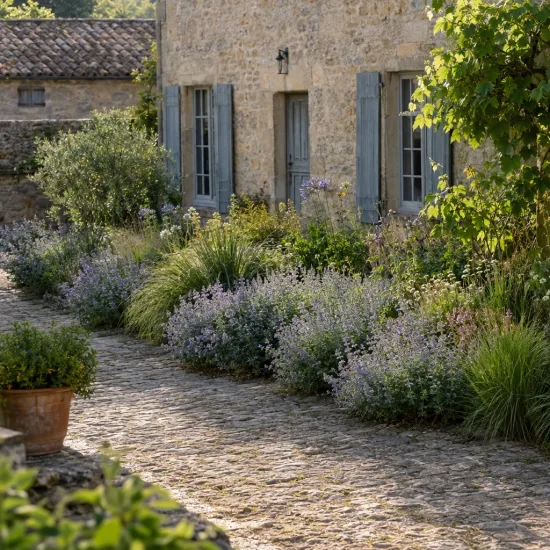 Népétas (Nepeta mussinii) — massifs fleuris le long d’une maison en pierre · Photo d'illustration