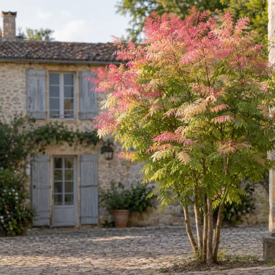 Acajou de chine 'Flamingo' (Cedrela sinensis) — arbuste au feuillage rose et vert devant maison en pierre · Photo d'illustration