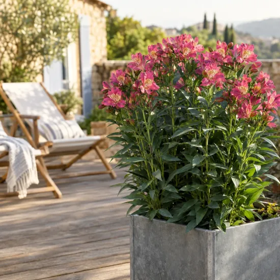 Alstrœmères (Alstroemeria) — grande potée fleurie sur terrasse en bois · Photo d'illustration