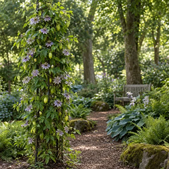 Passiflore officinale à fruits comestibles 'Eia popeia' (Passiflora × incarnata) — liane fleurie et fructifiée sur support dans jardin · Photo d'illustration