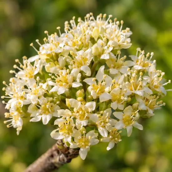 Cornouiller mâle 'Jolico' (Cornus mas) — grappe dense de petites fleurs crème en gros plan