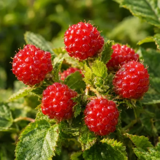 Mûre rampant de taïwan (Rubus taiwanicola) — gros plan de petits fruits rouges brillants