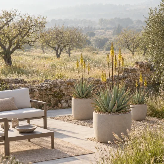 Aloe vera — plantes succulentes en pot sur terrasse ensoleillée
