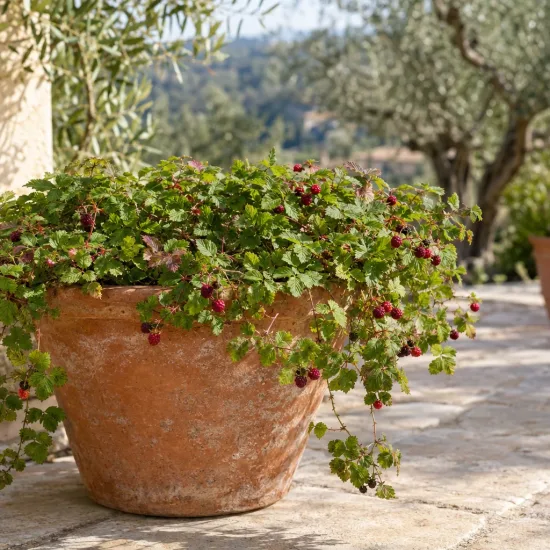 Framboisier nain arctique 'Sofia' (Rubus arcticus) — pot en terre cuite sur terrasse, petits fruits rouges · Photo d'illustration