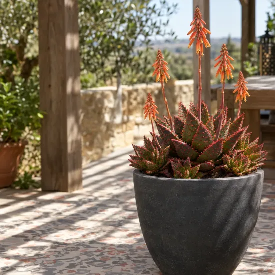 Aloès christmas carol 'Christmas carol' (Aloe) — plante succulente épineuse en fleur sur terrasse ensoleillée · Photo d'illustration