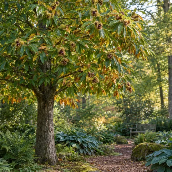 Châtaigner 'Belle epine' (Castanea sativa) — arbre dressé au bord d'un sentier forestier · Photo d'illustration