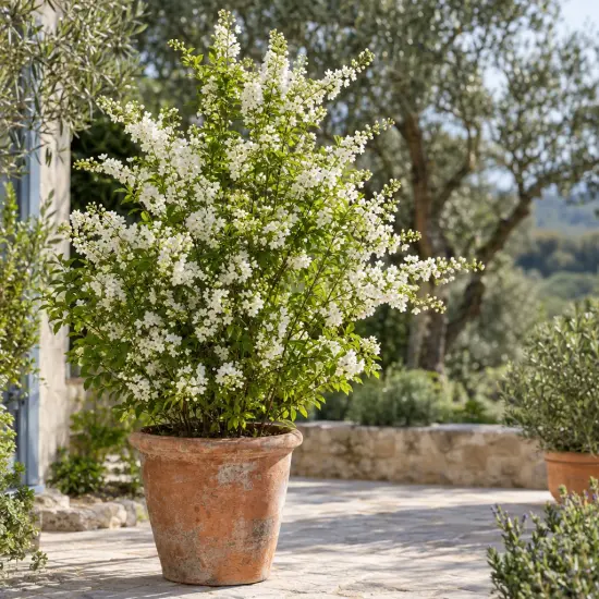Arbre aux perles 'Magical springtime' (Exochorda racemosa) — grand arbuste fleuri blanc dans un pot en terre
