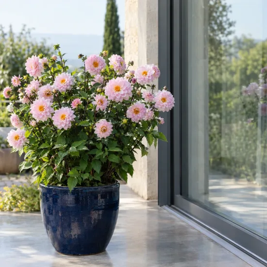 Vivace estivale 'Jardin des nymphes' (Dahlia) — plante fleurie en pot bleu sur terrasse · Photo d'illustration