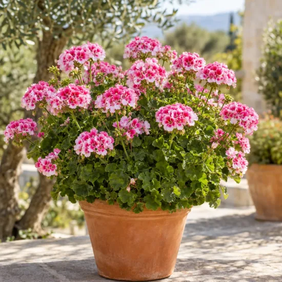 Géranium hybride 'Eclipse' (Pelargonium) — touffe de fleurs bicolores en pot terre cuite · Photo d'illustration