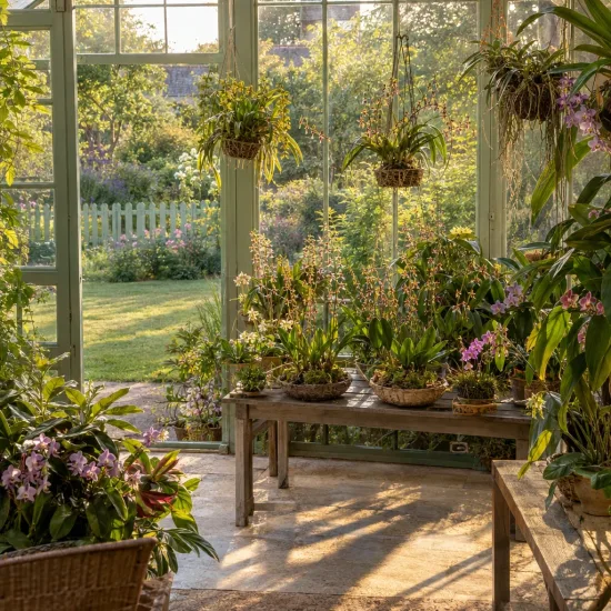 Orchidée (Bulbophyllum schinzianum) — serre lumineuse remplie de plantes en pots