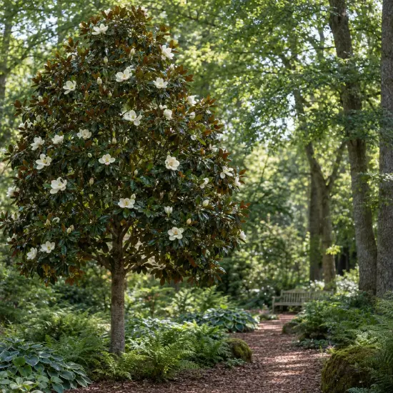 Magnolia de la galissonnière 'Galissoniere' (Magnolia grandiflora) — arbre en fleurs au bord d'un sentier