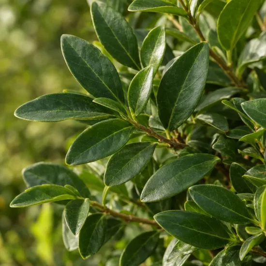 Troène 'Musli' (Ligustrum ibota) — gros plan sur feuillage luisant de jeune arbuste