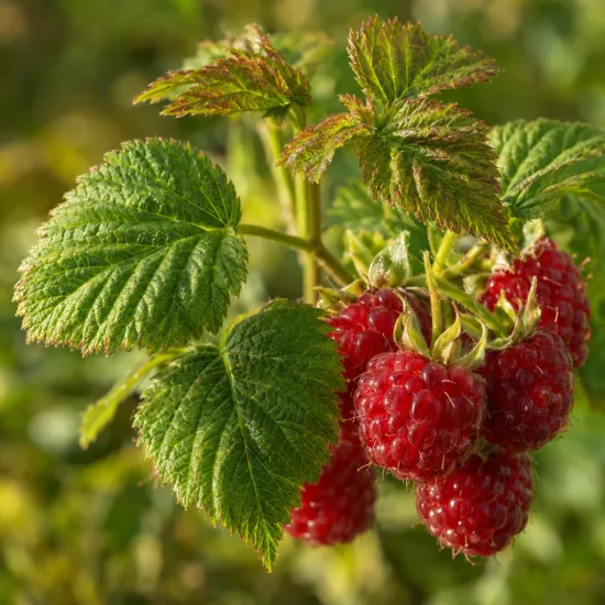 Framboisier nain arctique 'Beata' (Rubus arcticus) — grappe de fruits rouges mûrs avec feuillage · Photo d'illustration