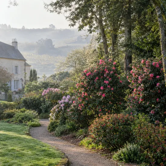 Camelia 'Debbie' (Camelia japonica) — massifs arbustifs fleuris bordant un chemin de jardin · Photo d'illustration
