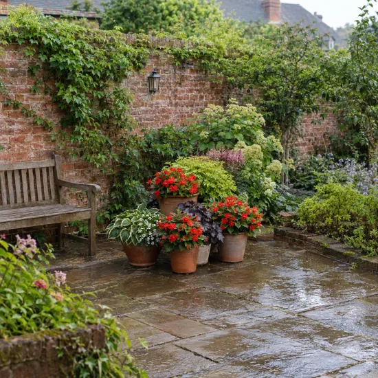 Bégonia 'Non stop ecarlate' (Begonia) — pots de fleurs rouges sur terrasse mouillée