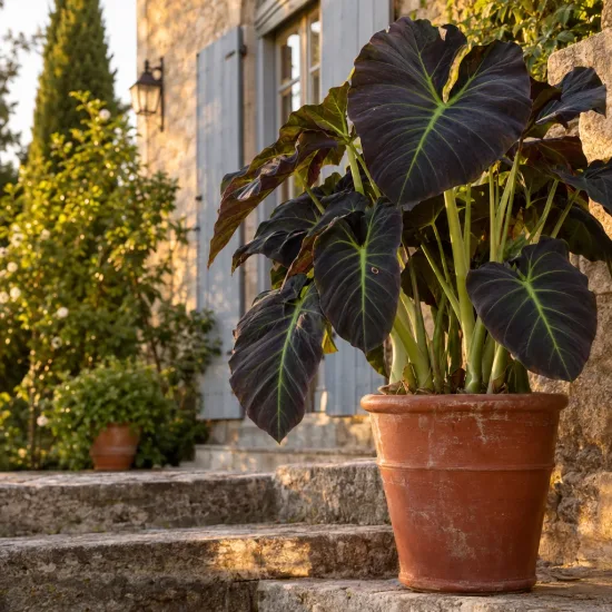 Oreille d'éléphant géante couleur violet à nervure centrale vert clair 'Aloha' (Colocasia esculenta) — grand feuillage sombre en pot sur marches en pierre · Photo d'illustration