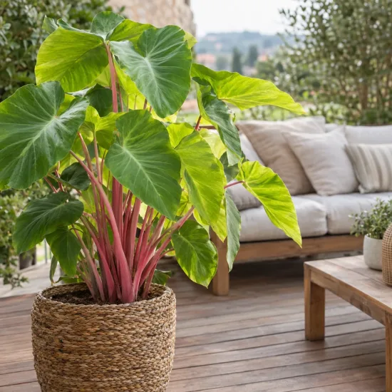 Oreille d'éléphant à tige rose 'Pink china' (Colocasia esculenta) — grand feuillage vert à tiges roses sur terrasse · Photo d'illustration