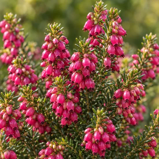Bruyère 'Kramer s rote rouge' (Erica darleyensis) — grappes serrées de petites fleurs roses en clochettes · Photo d'illustration