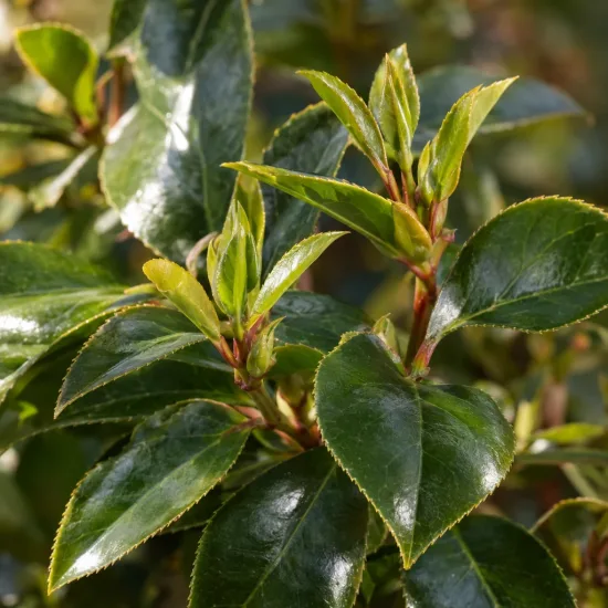 Camelia 'Docteur tinsley' (Camelia japonica) — gros plan sur jeunes pousses au feuillage brillant · Photo d'illustration