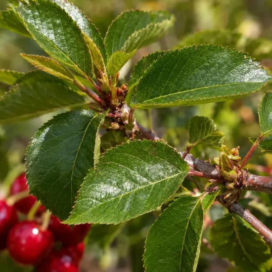 Cerisier 'Sweetheart' (Prunus avium) — gros plan de feuilles vernies avec fruits rouges