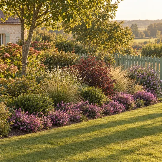 Bruyère 'George rendall rose pourpre' (Erica darleyensis) — massif fleuri en bord de pelouse au soleil · Photo d'illustration