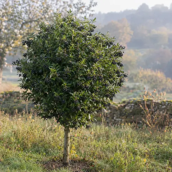 Troene commun 'Magical black pearl' (Ligustrum vulgare) — petit arbre rond couvert de baies noires