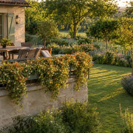 Jasmin étoilé 'Summer sunset' (Trachelospermum asiaticum) — terrasse fleurie avec plante grimpante retombante au soleil