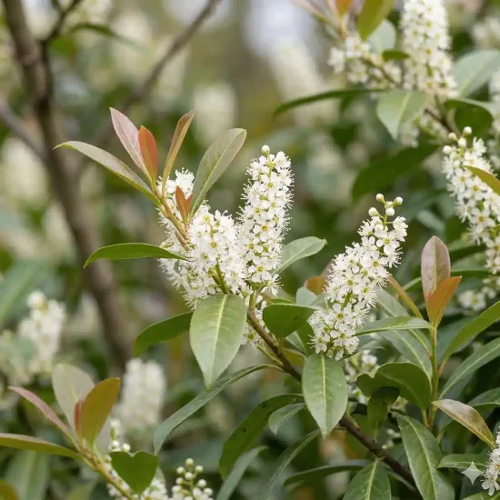 Laurier palme 'Bonaparte' (Prunus laurocerasus) — grappes de petites fleurs blanches et feuillage