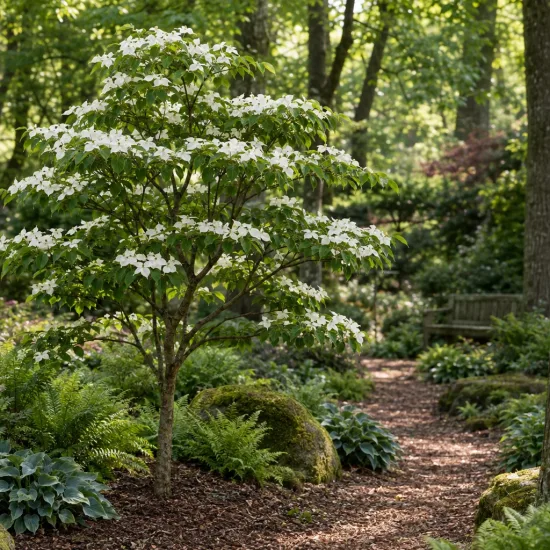 Cornouiller à grandes fleurs blanches et gros fruits 'Big apple' (Cornus kousa) — petit arbre fleuri au bord d’un sentier forestier · Photo d'illustration