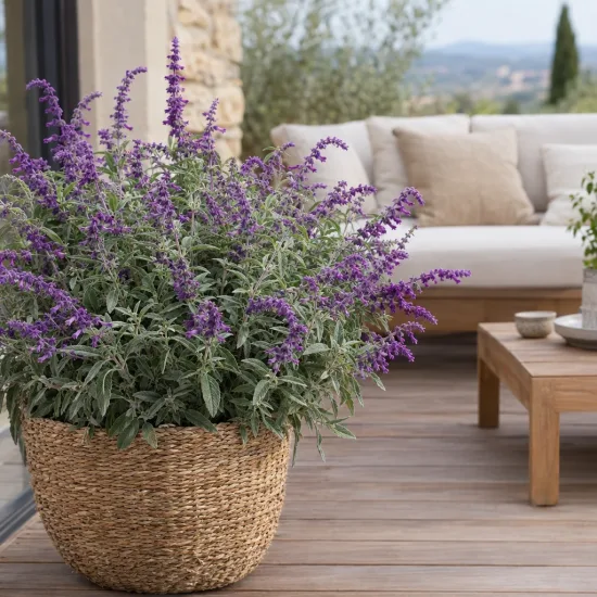 Sauge du mexique 'Santa barbara' (Salvia leucantha) — plante florifère en panier tressé sur terrasse · Photo d'illustration