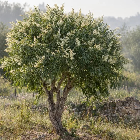Arbre aux papillons à feuilles de saule (Buddleia saligna) — arbre isolé au feuillage étroit et floraison claire · Photo d'illustration