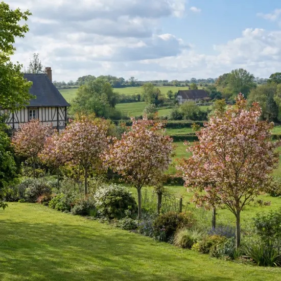 Amélanchier à feuille d'aulne 'Robin hill' (Amelanchier arborea) — alignement d’arbres en fleurs dans un jardin