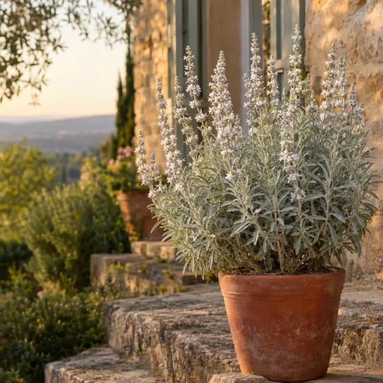 Sauge officinale (Salvia apiana) — arbuste aromatique en pot sur marches en pierre · Photo d'illustration