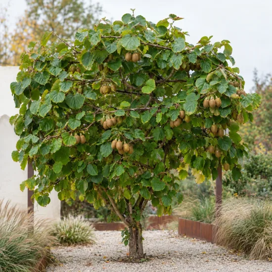 Kiwi 'Jenny' (Actinidia deliciosa) — petit arbre fruitier chargé de fruits bruns · Photo d'illustration
